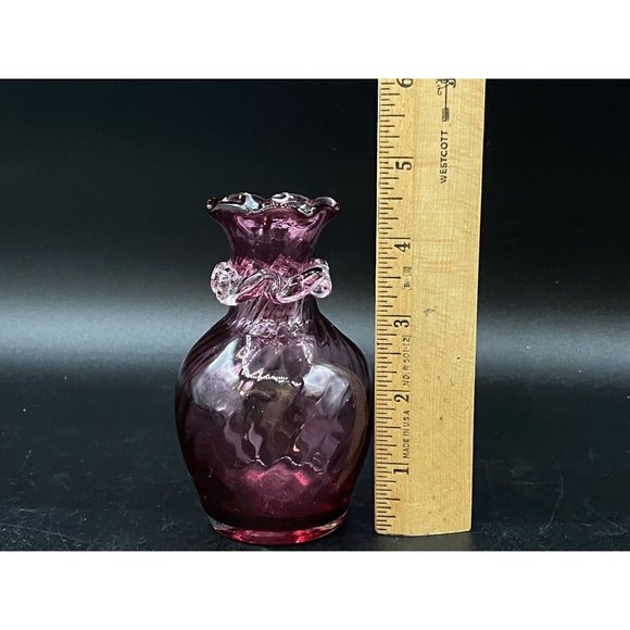 Hand Blown Pink Applied Clear Decoration Ribbon Swirl Glass Vase 4.5” - Picture 8 of 8